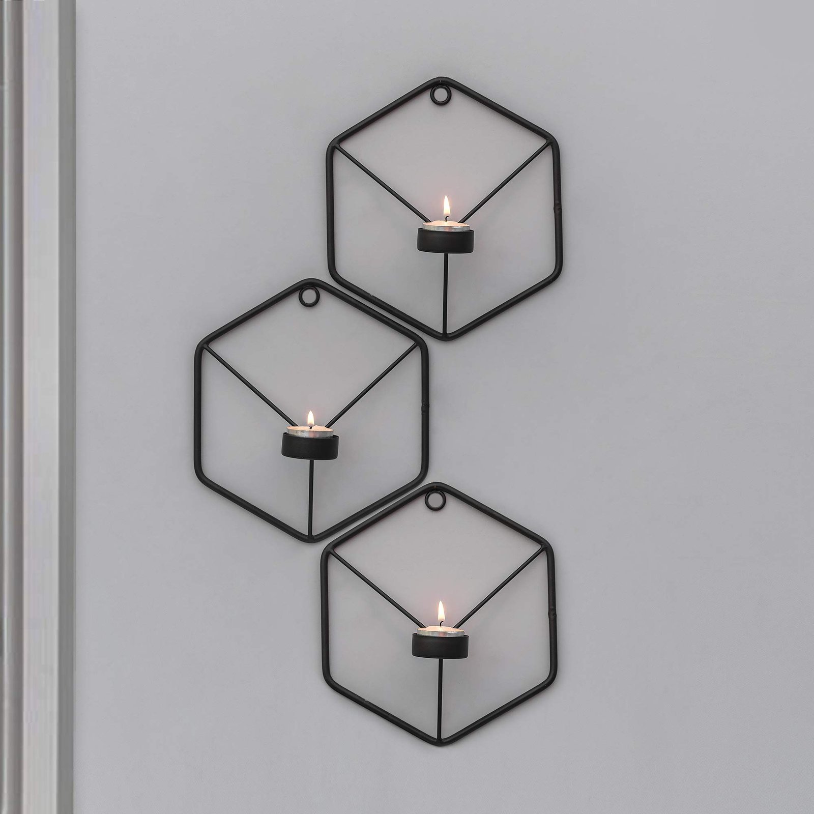 Black Metal Wall Mounted Hexagon Tealight Candle Holder T-light Candles (Set of 3)