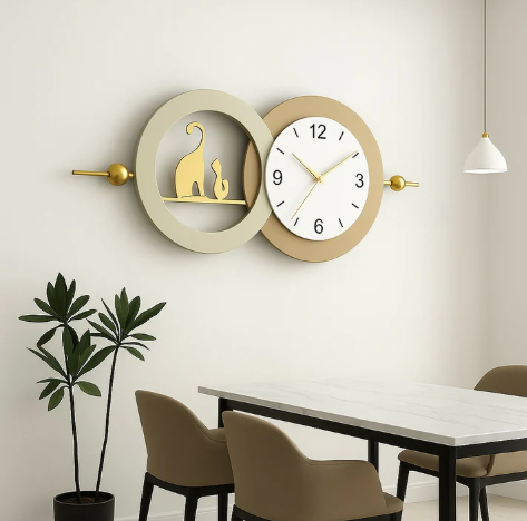 HOME DECOR Modern Designer Cat Theme Wall Clock with Dual Ring Art Frame