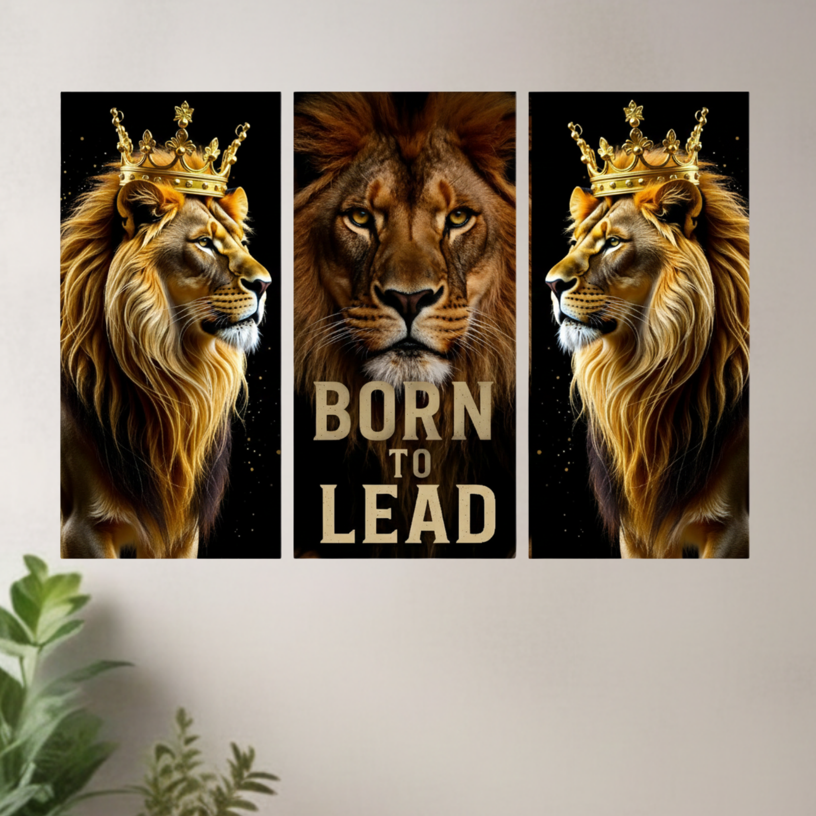Born to Lead Lion Wall Art Triptych  Powerful King Lion Crown Artwork for Office Home Living Room Decor