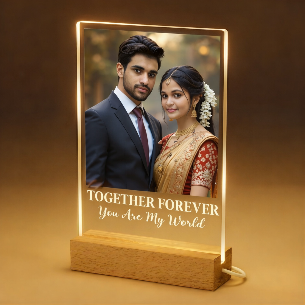 Custom Couple Photo Acrylic LED Lamp with Wooden Base