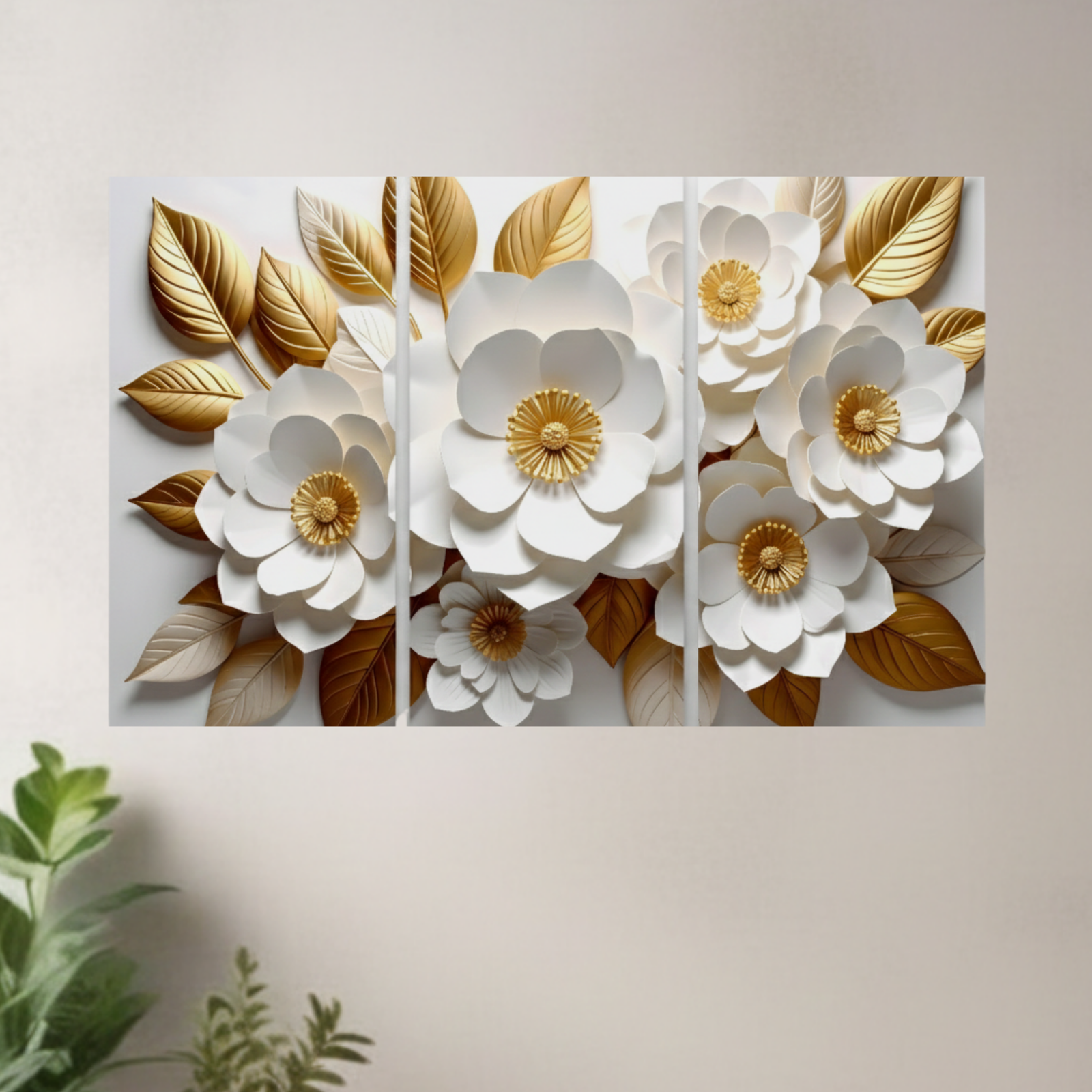 Elegant White and Golden Floral Wall Art Painting for Living Room Decor