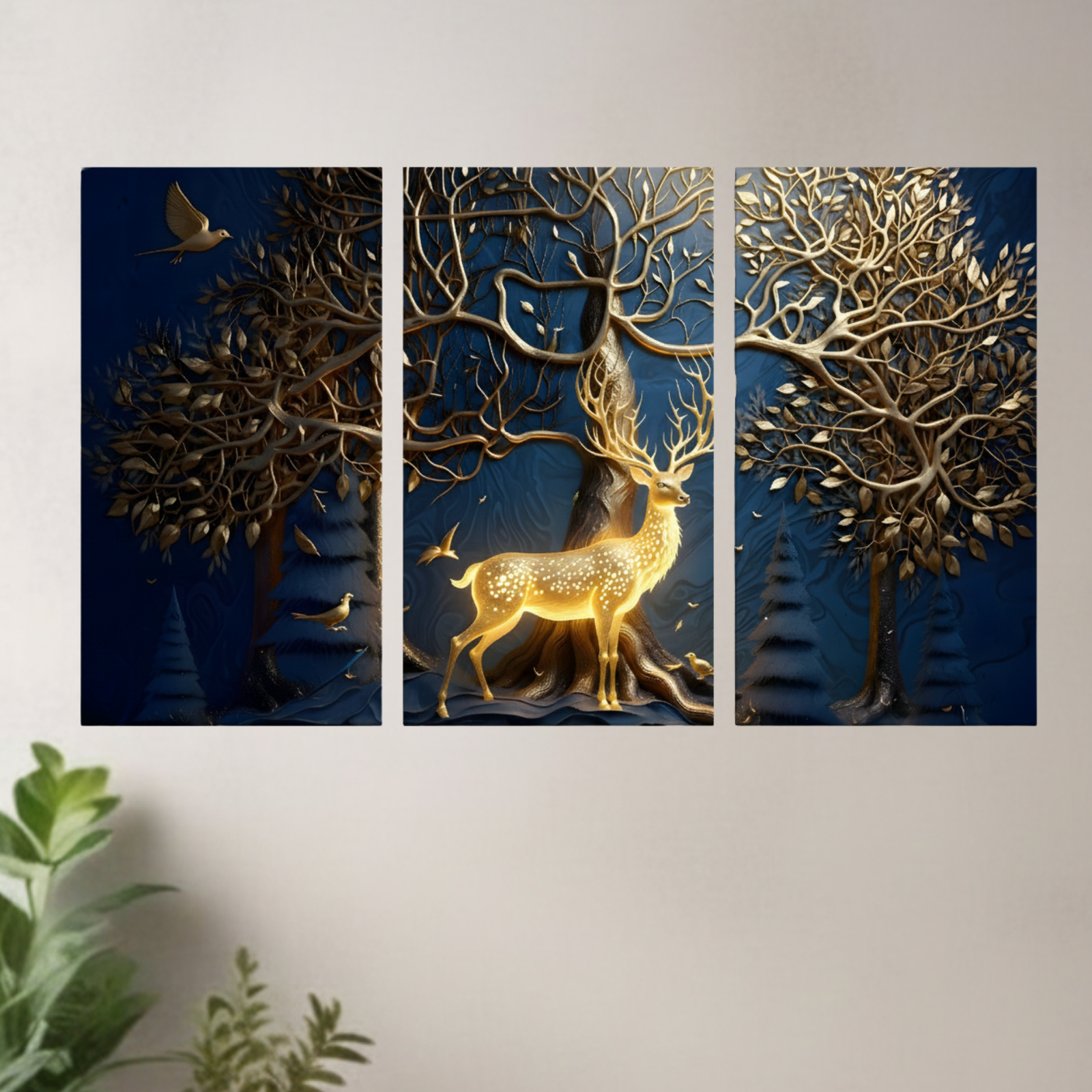 Golden Deer Tree Wall Art painting Luxury Nature Wall Decor 