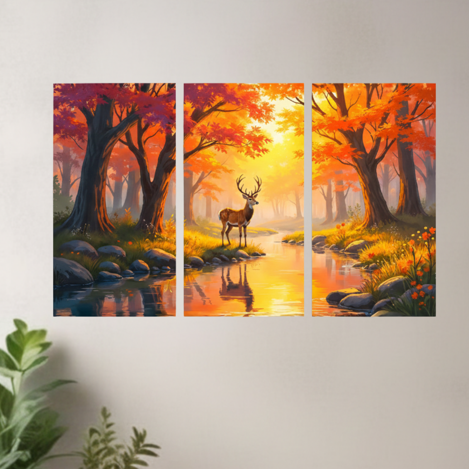 Majestic Deer in Autumn Forest Triptych Wall Painting Art for Living Room
