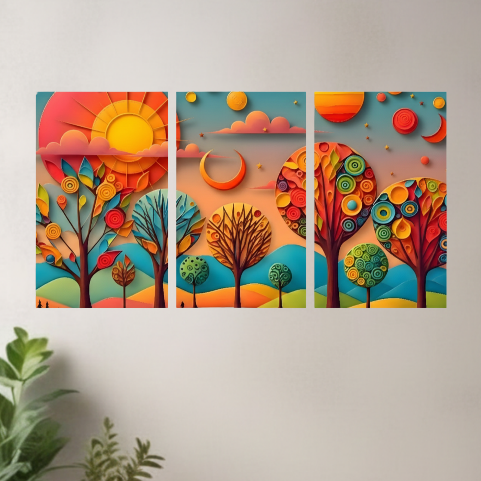 Modern Paper Cut Style Landscape Triptych Wall Painting Artistic Art