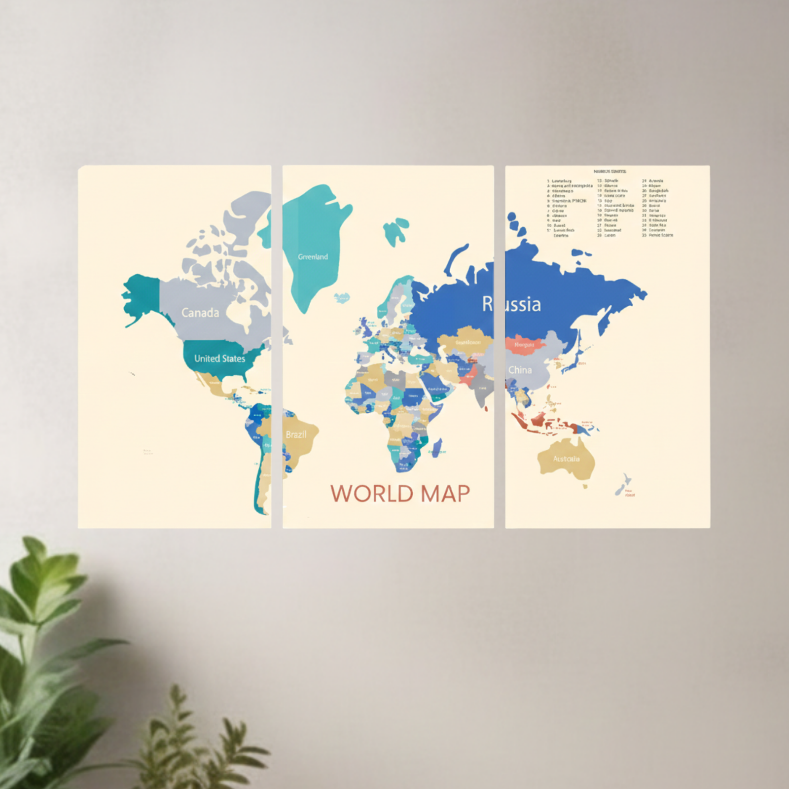 World Map Triptych Wall Painting Educational Art for Home Office Decor